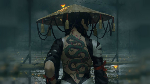Woman dragon tattoo rain umbrella free wallpaper for desktop - medium preview image
