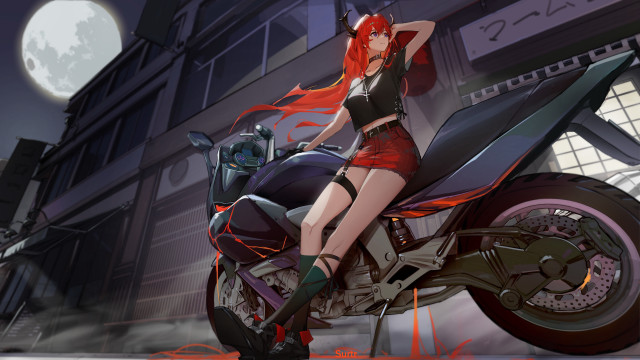 Woman motorcycle fullmoon cyberpunk redhair free wallpaper for desktop - medium preview image