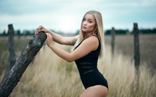 Black bodysuit woman fence tall free wallpaper for desktop - medium preview image