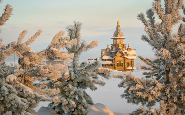 Winter church snow trees blue free wallpaper for desktop - medium preview image