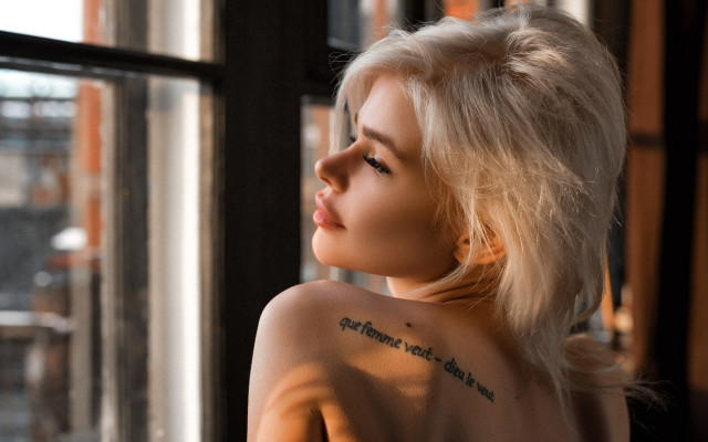 White hair tattoo woman outside free wallpaper for desktop - medium preview image