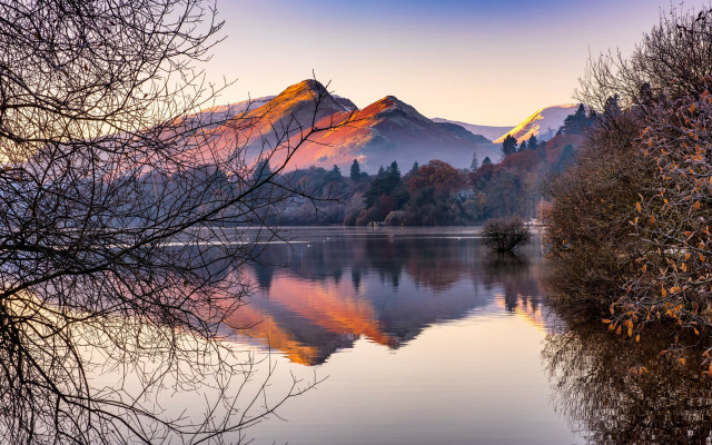Lake mountains trees autumn sunset free wallpaper for desktop - medium preview image
