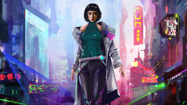 Neon city cyberpunk woman bangs free wallpaper for desktop - medium preview image