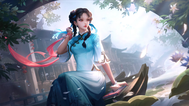 Woman blue dress red ribbon free wallpaper for desktop - medium preview image