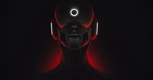 Man red helmet headphones cyberpunk free wallpaper for desktop - medium preview image