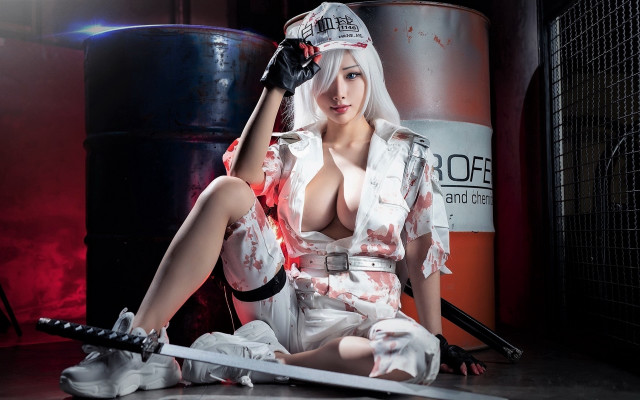 Woman white sword blood sitting free wallpaper for desktop - medium preview image