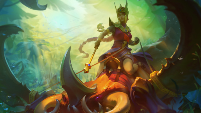 Woman red dress staff sword free wallpaper for desktop - medium preview image