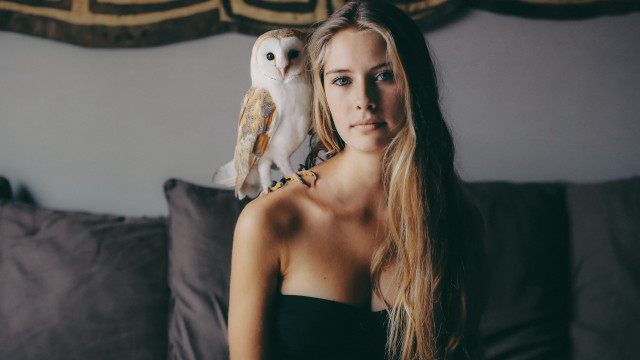 Woman owl portrait livingroom blonde free wallpaper for desktop - medium preview image