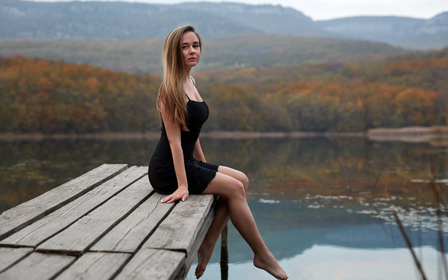 Lake mountains dock blonde woman free wallpaper for desktop - medium preview image