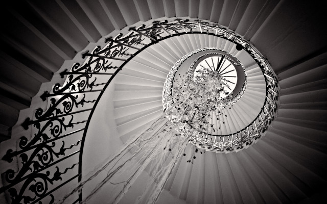 Spiral staircase chandelier black white free wallpaper for desktop - medium preview image