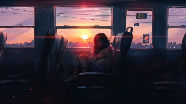 Woman sitting train sunset long free wallpaper for desktop - medium preview image