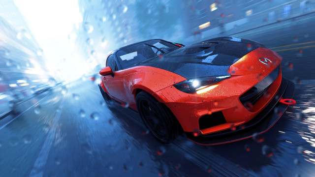 Red sports car rain city free wallpaper for desktop - medium preview image