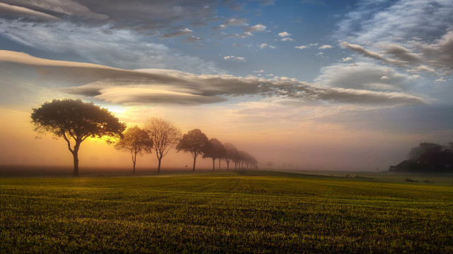 Foggy sunset mountains lake cityscape free wallpaper for desktop - medium preview image
