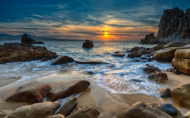 Sunset ocean rocks water dock free wallpaper for desktop - medium preview image