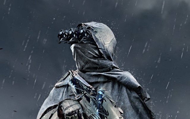 Man hooded rain backpack sword free wallpaper for desktop - medium preview image