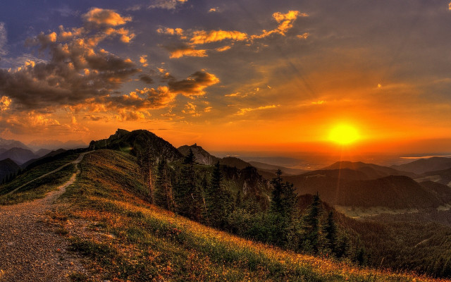 Sunset mountain trail trees autumn free wallpaper for desktop - medium preview image