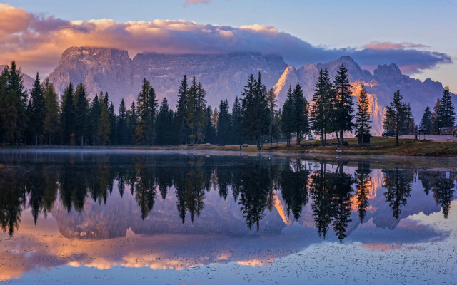 Mountain reflection lake trees sunset free wallpaper for desktop - medium preview image