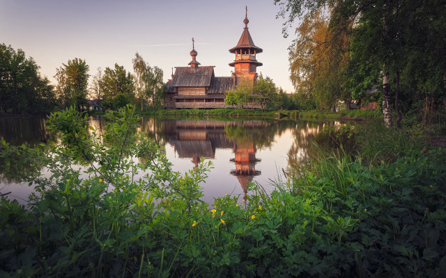 Lake church trees bushes flowers free wallpaper for desktop - medium preview image
