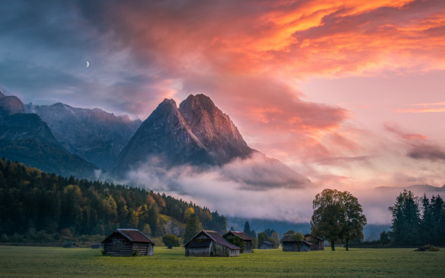Mountain range cabins pink sky free wallpaper for desktop - medium preview image