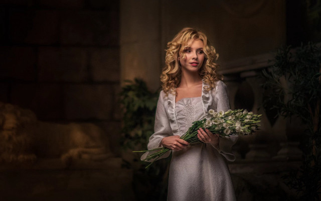 Woman white dress flower portrait free wallpaper for desktop - medium preview image