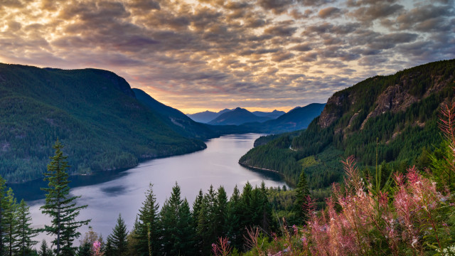Lake mountains forest sunset clouds free wallpaper for desktop - medium preview image