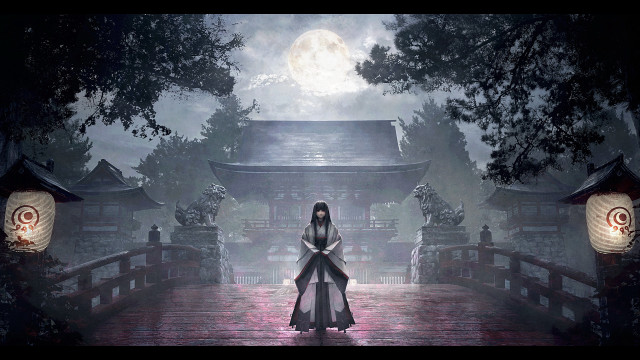 Woman bridge forest lanterns moon free wallpaper for desktop - medium preview image