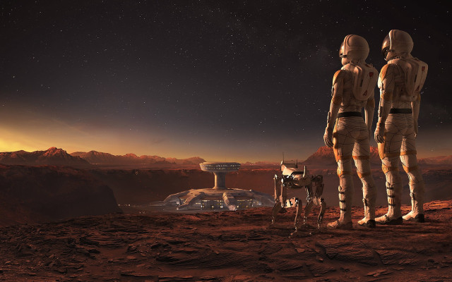 Desert couple dog space station free wallpaper for desktop - medium preview image