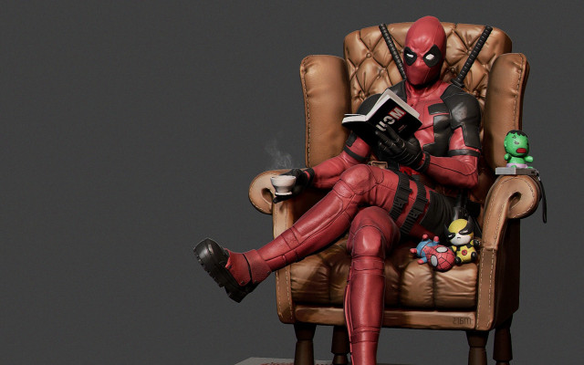 Deadpool bald sitting armchair reading free wallpaper for desktop - medium preview image