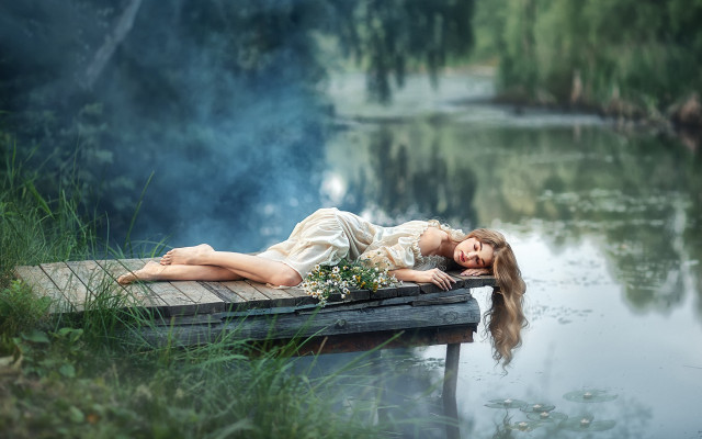 Woman dock water forest dreamlike free wallpaper for desktop - medium preview image