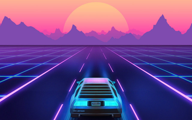 Futuristic city mountains sunset neon free wallpaper for desktop - medium preview image