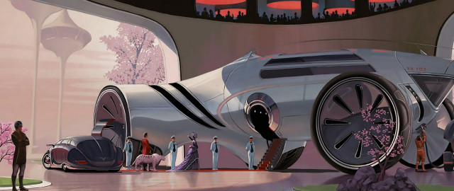 Futuristic car garage people cherry free wallpaper for desktop - medium preview image