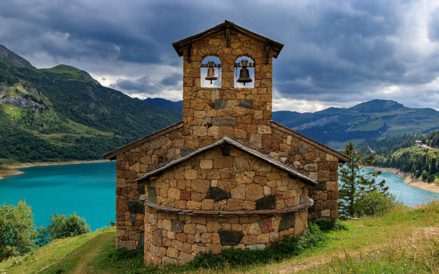 Rocky church lake mountains clouds free wallpaper for desktop - medium preview image