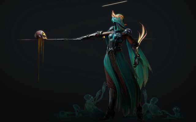 Woman green dress sword bird free wallpaper for desktop - medium preview image