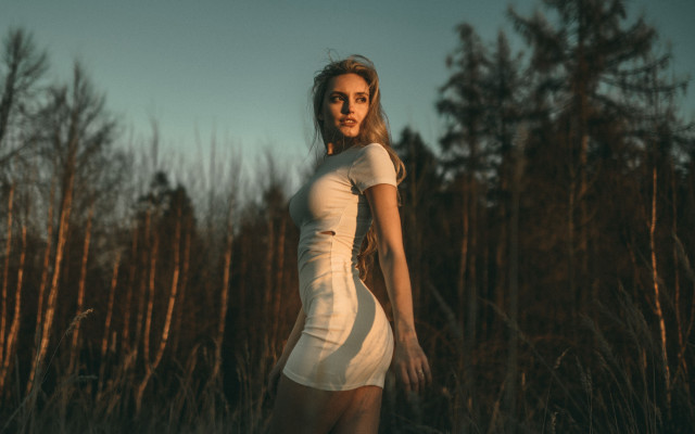 Woman white dress field trees #3 free wallpaper for desktop - medium preview image