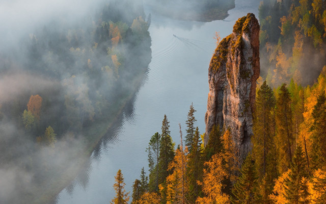 River fog cliff boat autumn free wallpaper for desktop - medium preview image