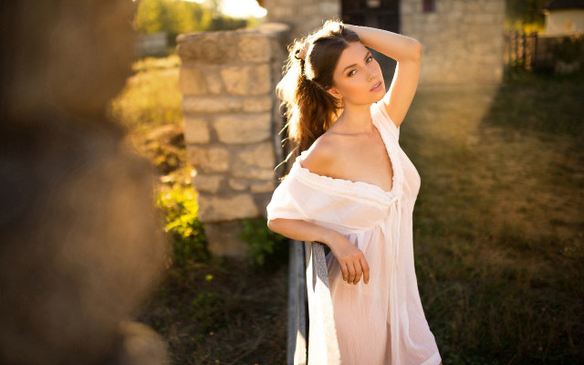 Romantic woman white dress field free wallpaper for desktop - medium preview image