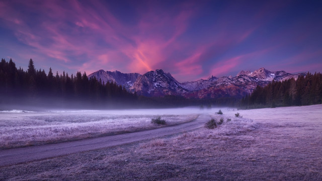 Road field mountain sunset pink free wallpaper for desktop - medium preview image