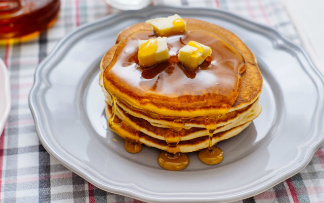 Pancakes syrup bananas plate tea free wallpaper for desktop - medium preview image