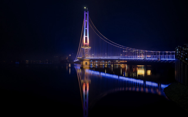 Bridge night city lights reflection free wallpaper for desktop - medium preview image