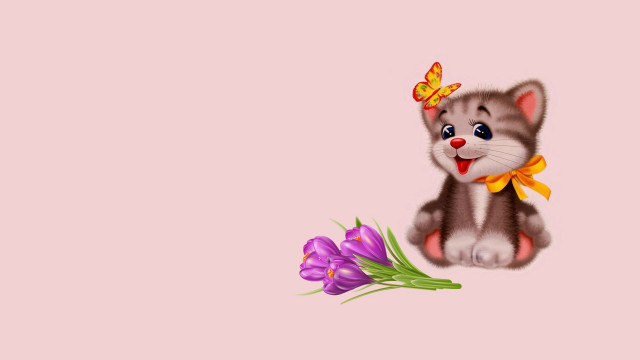 Kitten bow flowers pink background free wallpaper for desktop - medium preview image