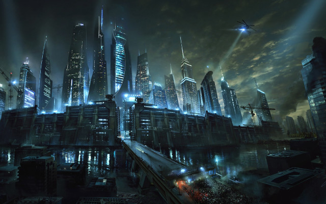 Futuristic city train night cityscape free wallpaper for desktop - medium preview image