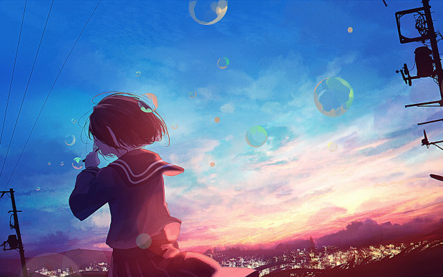 Girl bubbles sky city moon free wallpaper for desktop - medium preview image