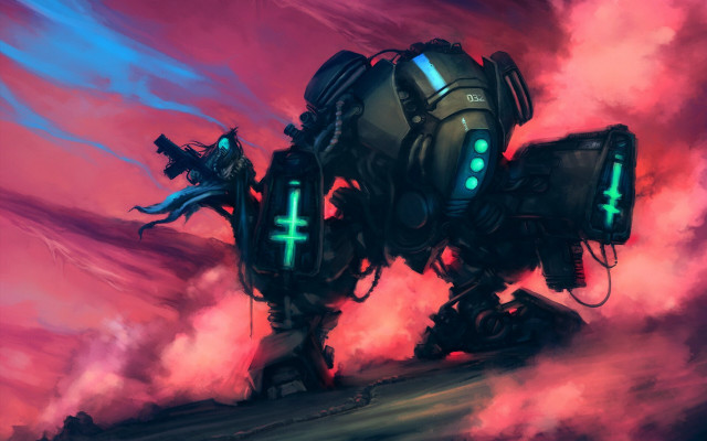 Robot cross smoke steam dusk free wallpaper for desktop - medium preview image