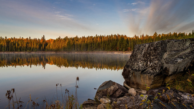 Lake trees rocks sky clouds free wallpaper for desktop - medium preview image