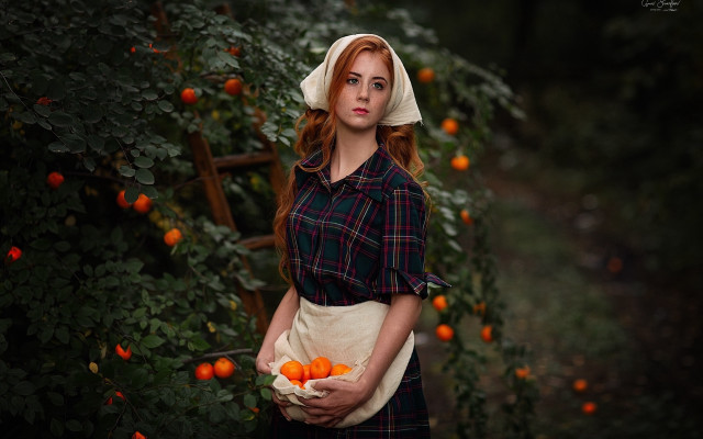 Woman bonnet orange field portrait free wallpaper for desktop - medium preview image