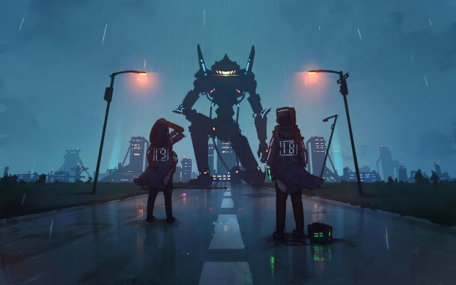 City robot rain night neon free wallpaper for desktop - medium preview image