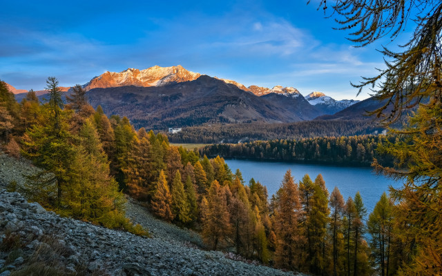 Mountain lake forest sky clouds free wallpaper for desktop - medium preview image