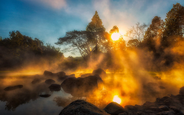 River steam sunset trees rocks free wallpaper for desktop - medium preview image