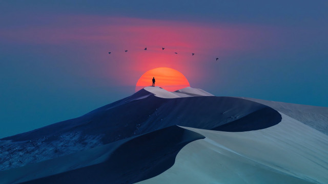 Mountain sunset birds ocean desert free wallpaper for desktop - medium preview image