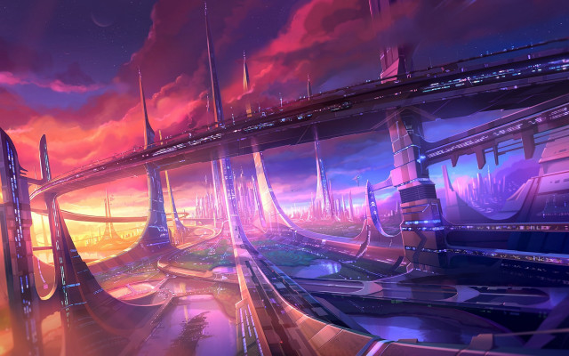 Futuristic city bridge sunset starry free wallpaper for desktop - medium preview image